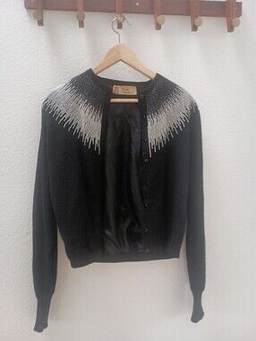 VTG Pringle of Scotland Black Cashmere Beaded Cardigan Sweater Lined M MINT